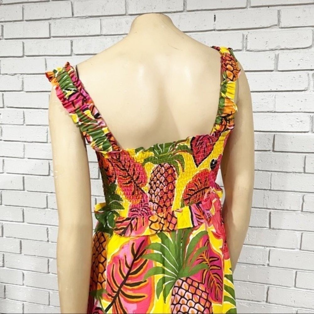 Farm Rio Yellow Tropical Pineapple Parrot Smocked Maxi Dress | Size Small - Picture 5 of 16